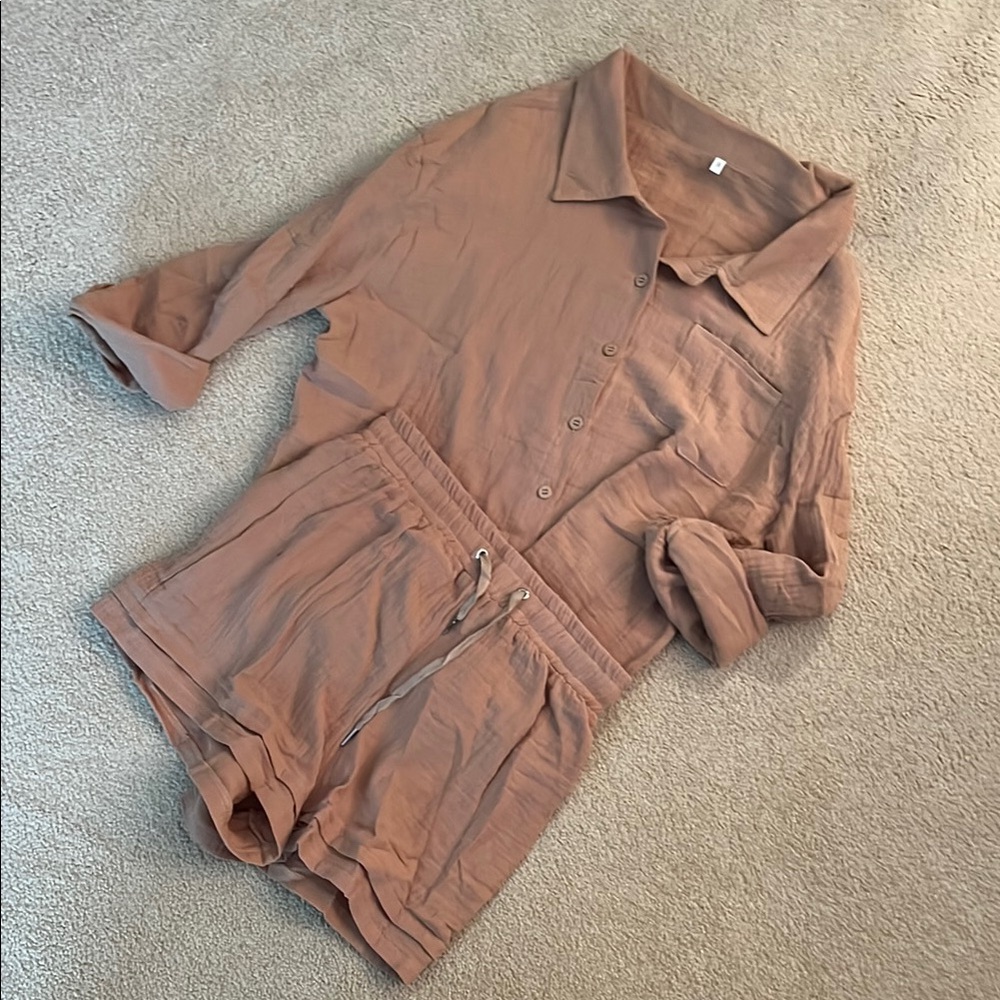 Stylish Tan Button-Up Shirt and Shorts Set